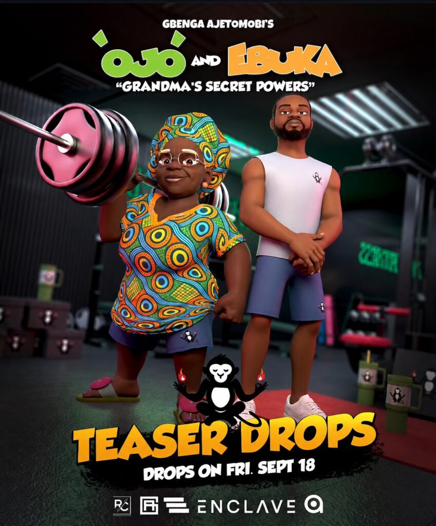 Teaser poster for Gbenga Ajetomobi’s Ojo and Ebuka, “Grandma’s Secret Powers”, showing Grandma lifting a barbell beside AfroKunmi in a gym.